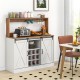 Farmhouse coffee bar cabinet in white with sliding barn doors, hutch, wine rack, and charging station for kitchen use.
