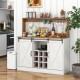 Farmhouse coffee bar cabinet in white with sliding barn doors, wine rack, and charging station for kitchen or dining.