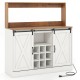 Farmhouse coffee bar cabinet in white with sliding barn doors, adjustable shelves, and charging station for versatile.