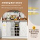Farmhouse coffee bar cabinet with sliding barn doors, adjustable shelves, and wine rack for versatile kitchen storage.