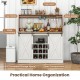 Farmhouse coffee bar cabinet in white with sliding barn doors, wine rack, and charging station for versatile home.