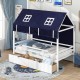 Twin house bed with navy tent and two storage drawers, featuring a solid wood frame and roll-up curtains for kids'.