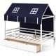 Twin house bed for kids with navy tent and roll-up curtains, featuring two large storage drawers for easy organization.