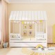Twin size house bed with trundle in white, featuring a roof and decorative window for imaginative kids' sleeping space.