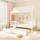 Twin size house bed with roof and trundle, white wood frame, ideal for imaginative kids' sleeping space.