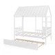 Twin size house bed frame in white with trundle, featuring a roof and decorative window for imaginative kids' spaces.