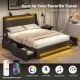 Full size bed frame with ambient LED lights, button-tufted headboard, and multiple power outlets for modern convenience.