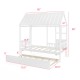 Dimensions of the twin size house bed with trundle in white, featuring a roof and decorative window for kids' spaces.