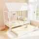 Twin size house bed with roof and trundle in white, featuring a whimsical design and protective fence for kids' safety.
