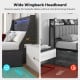 Full size bed frame with grey wingback headboard, LED lights, and charging station, featuring spacious drawers and.