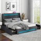 Full size grey bed frame with LED lights, wingback headboard, and four large drawers for organized storage.