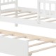 Twin size house bed frame in white with trundle, featuring slats and a decorative roof for imaginative kids' sleeping.