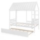 Twin size house bed frame in white with trundle, featuring a roof and decorative window for imaginative kids' rooms.