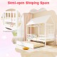 Twin size house bed with roof and trundle, featuring a protective fence for safety and imaginative design in white.