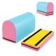 Gymnastics vaulting box in blue and pink with detachable mat, ideal for kids' training and practice at home or gym.