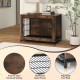 Dog crate furniture with a veneered surface, double lockable doors, and adjustable foot pads for versatile use.