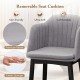 Curved backrest of a grey upholstered velvet dining chair with a removable cushion, ideal for dining and relaxation.
