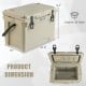 25 QT tan hard cooler with aluminum handle, integrated cup holders, and dimensions for camping and outdoor use.