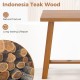 Teak shower bench showcasing natural texture, solid wood legs, and water-based finish for bathroom use and stability.