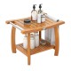 Teak wood shower bench showcasing the double-layer open shelf, ideal for storing bathroom essentials or as a plant.