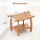 2-Tier teak wood shower bench with curved seat, dimensions shown, supports 350 lbs, ideal for bathrooms or entryways.