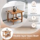 2-tier teak wood shower bench with curved seat, stainless steel handles, and open shelf for storing towels and supplies.