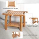 2-tier teak wood shower bench with stainless steel towel racks, curved legs, and ventilated slatted surface for.