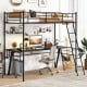 Twin size black metal loft bed with ladder, guardrails, and under-bed space for study or leisure activities.