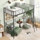 Twin size black metal loft bed with ladder and guardrails, featuring under-bed space for gaming or study.