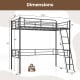 Dimensions of the Twin Size Loft Bed in black, featuring a metal frame, 61" under bed space, and 330 lbs capacity.