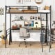 Twin size black metal loft bed with ladder and guardrails, featuring an under-bed workspace for study or gaming.