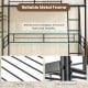 Twin size loft bed frame in black with reinforced crossbars, 12 metal slats, and safety guardrails for stability.
