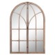 Arched window pane mirror with a rustic wooden frame and metal accents, perfect for living rooms and entryways.