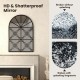 Arched window pane mirror with a black metal frame, 23x34 inches, shatterproof design for safe wall mounting in living.