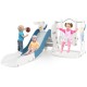 Kids 4-in-1 slide and swing set in blue with basketball hoop, designed for safe play and fun in kindergartens or.