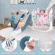 Kids 4-in-1 slide and swing set in blue with basketball hoop, featuring safe design and foldable slide for easy storage.