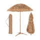 Thatched tiki umbrella with foldable stand, 6.5 feet, made of polyester and PP thatch for sun protection and stability.