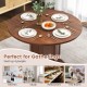 Round walnut dining table with pedestal base, seating 4-6 people, perfect for gatherings in kitchens or tea rooms.