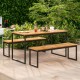 Backless patio dining bench with slatted acacia wood seat and sturdy powder-coated metal legs, ideal for outdoor use.
