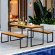 Backless patio dining bench with slatted acacia wood seat and sturdy metal legs, perfect for outdoor dining.