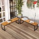 Set of 2 patio dining benches with acacia wood surfaces and powder-coated metal legs, perfect for indoor and outdoor.