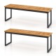 Set of 2 patio dining benches with acacia wood surface and powder-coated metal legs, ideal for indoor and outdoor use.