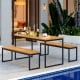 Set of 2 patio dining benches with acacia wood surface and powder-coated metal legs, perfect for indoor or outdoor use.