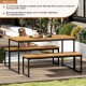 Set of 2 patio dining benches made of acacia wood with powder-coated metal legs, ideal for indoor and outdoor use.