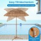 Thatched tiki umbrella with foldable stand and push button tilt, made of polyester and PP, ideal for outdoor sun.