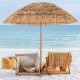 Thatched tiki umbrella with foldable stand, made of polyester and PP thatch, providing sun protection for beach.
