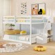 Solid wood full over full low bunk bed in white with storage stairs, ideal for kids' rooms and sleepovers.