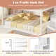 Low profile solid wood full over full bunk bed with storage stairs and full-length guardrails for kids' safety.