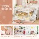 Triple bunk bed in white with integrated storage stairs, featuring two full-size beds for kids' rooms or dormitories.