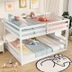 Solid wood full over full low bunk bed in white with integrated storage stairs, ideal for kids' rooms and sleepovers.